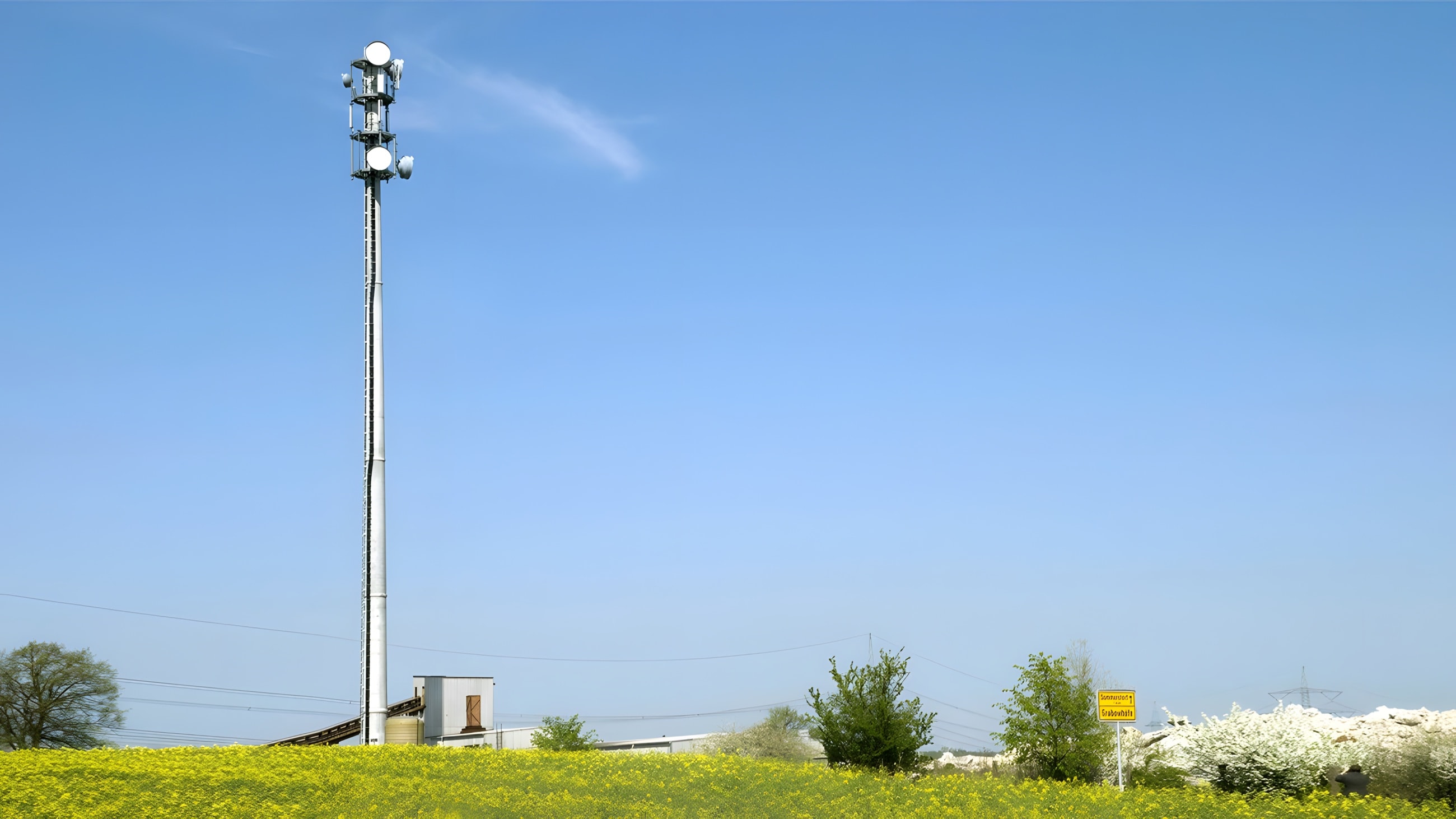 Freistehender Mobilfunkmast in der Totale über einem Rapsfeld